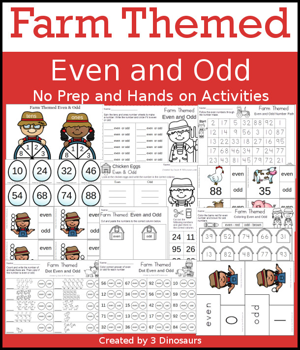 Farm Themed Even & Odd Set - 35 pages of activities with a mix of centers, no-prep worksheets, and hands-on activities - all with a great farm theme $ - 3Dinosaurs.com #evenodd #mathforkids #secondgrade #tpt #teacherspayteachers