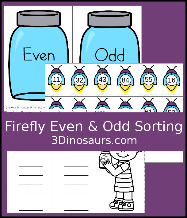 Free Hands-On Firefly Sorting: Even and Odd - 16 cards with recording sheet and sorting mat - 3Dinosaurs.com