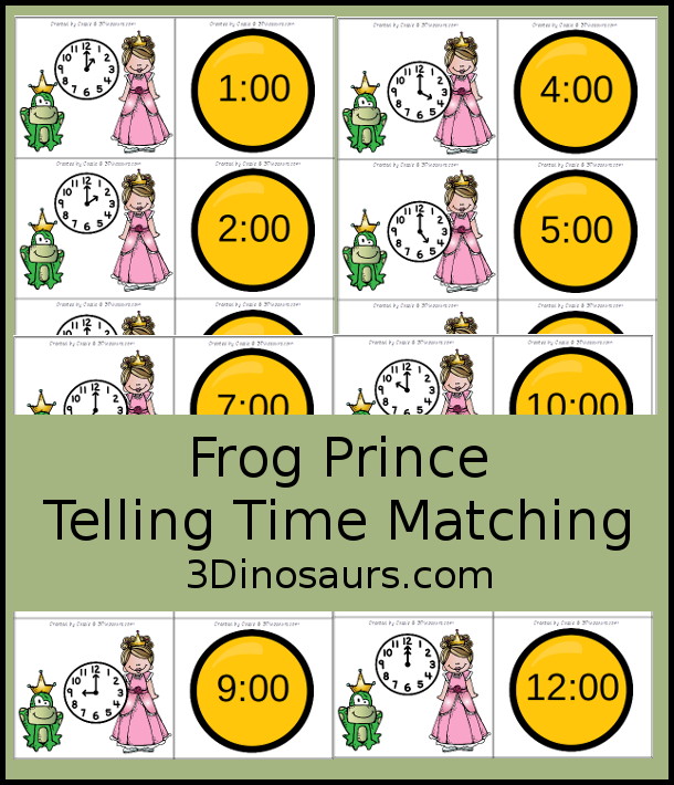 Free Frog Prince Telling Time Matching Cards - with hourly matching cards with analog clock and digital clock with 12 matching for each of the hours on a clock  - 3Dinosaurs.com