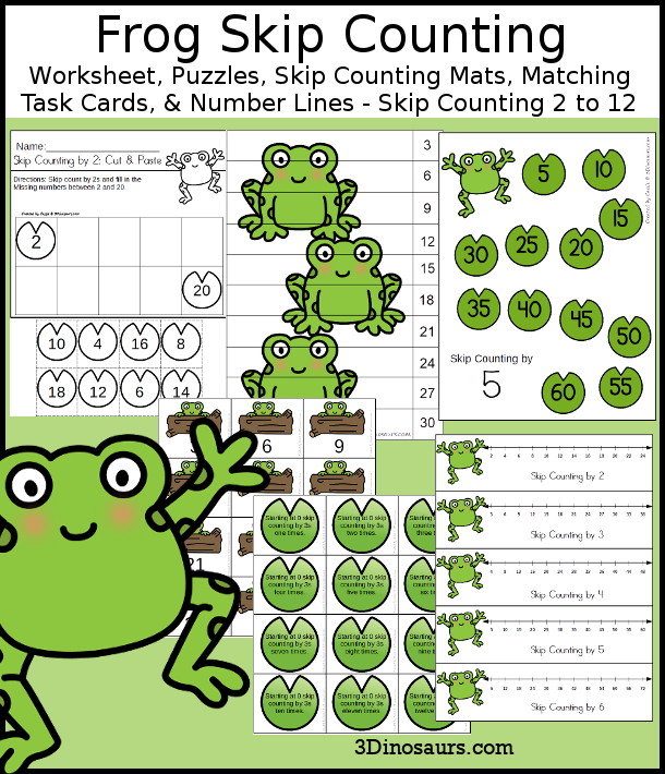 Frog Skip Counting Set - with no-prep frog worksheets, frog skip counting mats, frog skip counting 10 piece puzzles, and frog task cards to work on skip counting from 2 to 12 - 3Dinosaurs.com