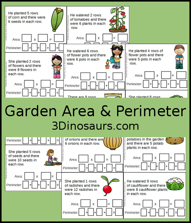 Free Garden Themed Area & Perimeter Cards - with fill in for area and perimeter there are 4 pages of printables - 3Dinosaurs.com