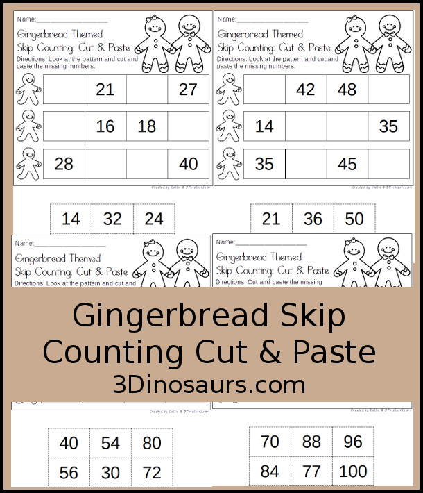 Free Gingerbread Skip Counting Cut & Paste - skip counting 2 to 12 with 4 pages of printables - 3Dinosaurs.com