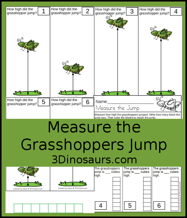 Free Measure the Grasshoppers Jump with 6 measuring grasshopper jump cards and 1 measuring recording worksheet for kids - 3Dinosaurs.com