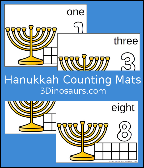 FREE Hanukkah Counting Mats Number 1 to 8 - one counting mat for each number from 1 to 8 that matches great to use the counting mats with each night of Hanukkah. - 3Dinosaurs.com