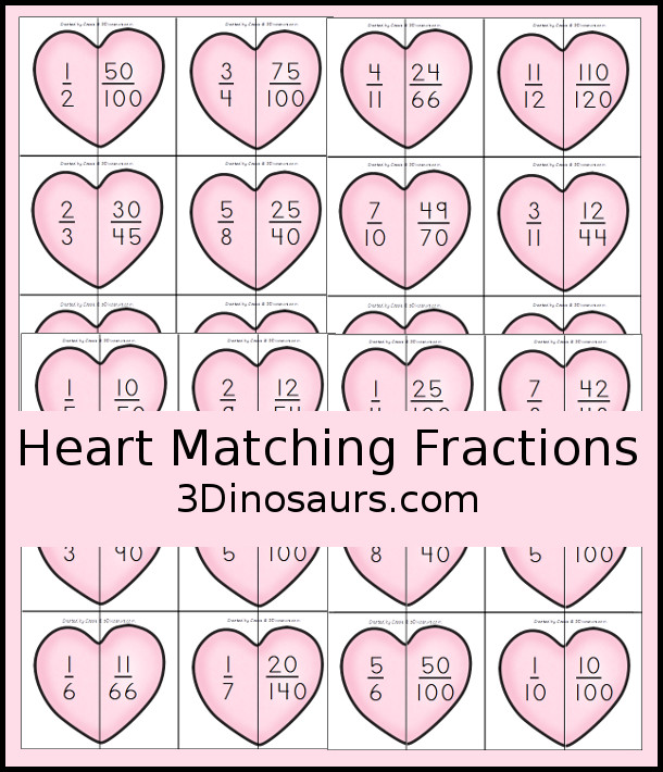 Free Hands-On Matching Heart Fractions That Are Equivalent - 4 pages of printables with 6 hearts per page - 3Dinosaurs.com
