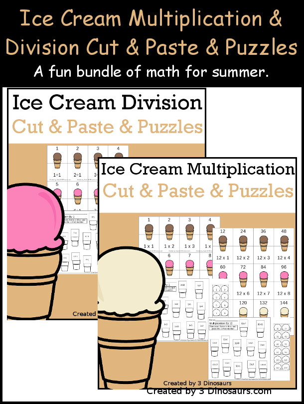 Ice Cream Multiplication & Division Cut & Paste & Puzzle Bundle - with two sets of puzzles, no-prep cut and paste worksheets and matching hands on center for learning math facts with 66 pages of printables - 3Dinosaurs.com