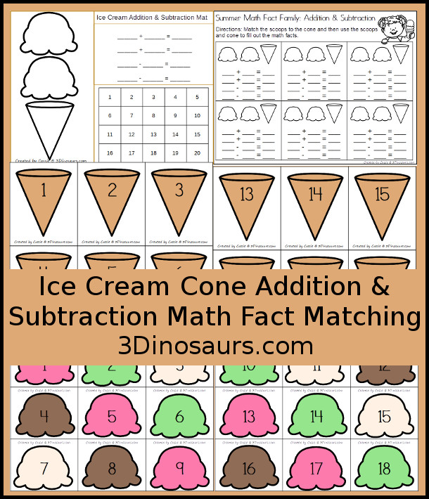 Free Ice Cream Cone Addition & Subtraction Matching Math Facts- 3Dinosaurs.com