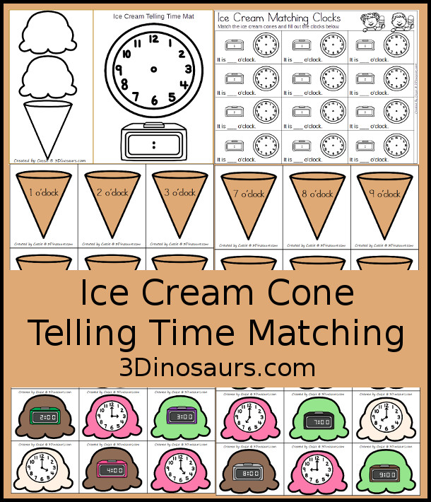 Free Telling Time Ice Cream Cone Matching - with hourly times for kids to match and recording sheets that kids can use to record the hours they match. - 3Dinosaurs.com