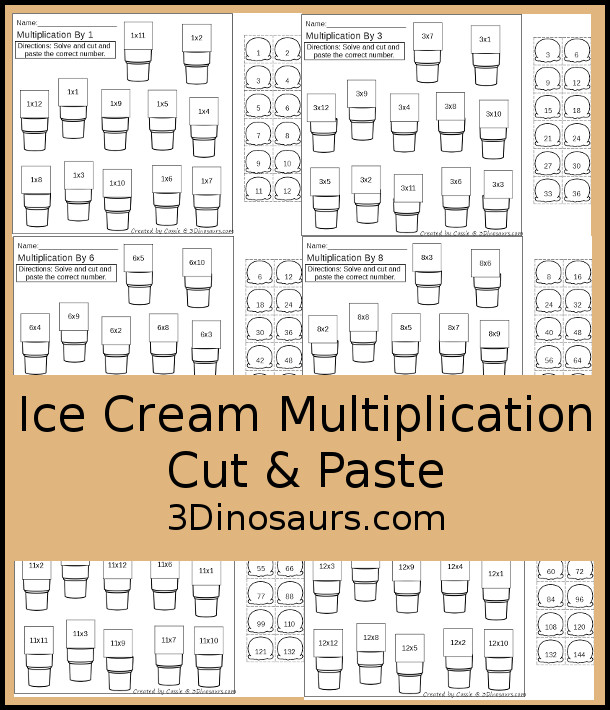 Free Ice Cream Multiplication Cut & Paste - they work on multiplication from 1 to 12 with 12 cut and paste on each page in black and white with ice cream scoops and cones - 3Dinosaurs.com #3dinosaurs #nopreprintable #freeprintable #multiplication #thirdgrade #fourthgrade