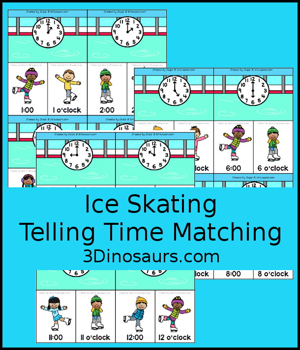 Free Skating Telling Time Matching Printable - a fun three way matching telling time activity for hourly times for kids. Easy to set up and use for an hourly time learning center - 3Dinosaurs.com
