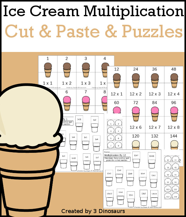 Ice Cream Multiplication Cut & Paste & Puzzles Printable Set  - a set of cut paste worksheets with matching the answer to the equation and 12 puzzles for matching the answer to the equation for multiplication 1 to 12.- 3Dinosaurs.com