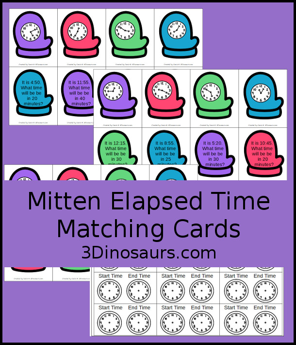 Free Mitten Elapsed Telling Time Matching Printable - with mitten with clocks that match the mitten with the question - 3Dinosaurs.com