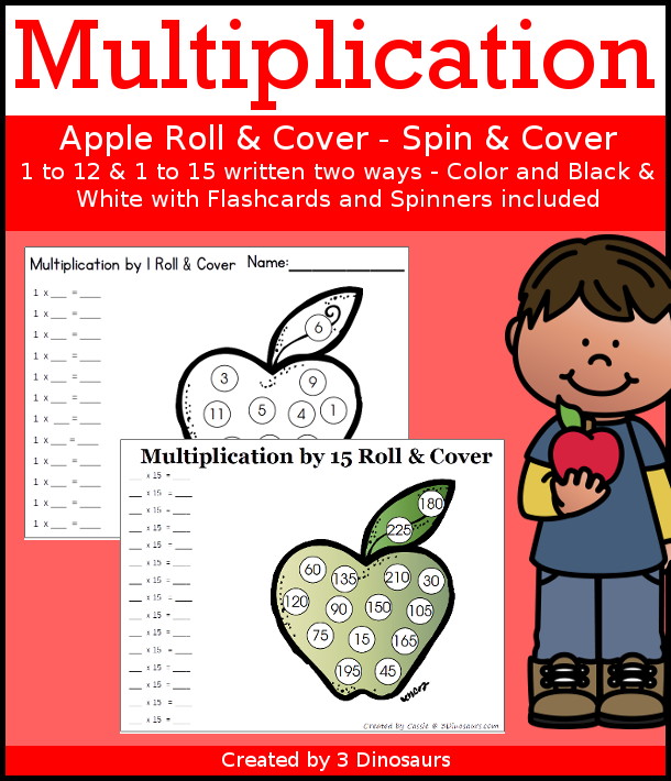 Apple Multiplication Roll & Cover  has multiplication 1 to 12 and 1 to 15 with two options of equations for each set.- 3Dinosaurs.com
