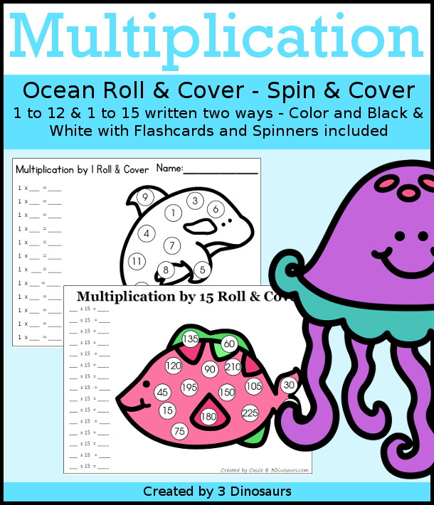 Ocean Multiplication Roll & Cover  has multiplication 1 to 12 and 1 to 15 with two options of equations for each set.- 3Dinosaurs.com