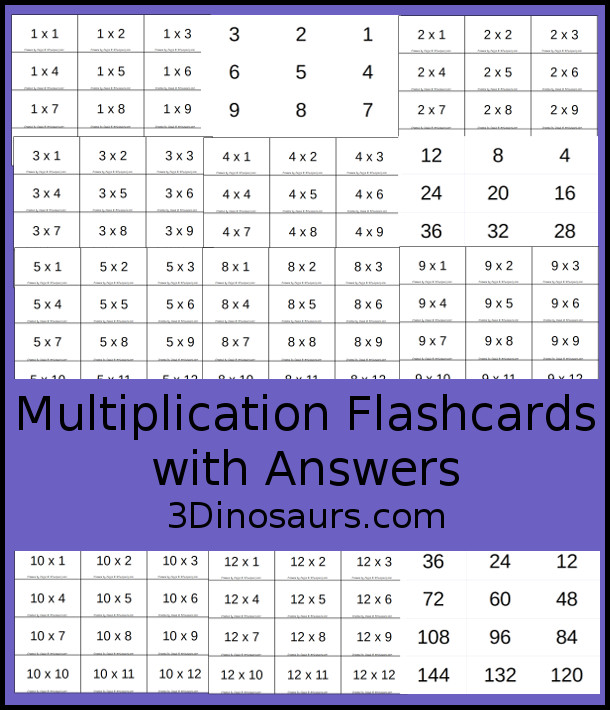 Free Multiplication Flashcards With Answers Printables - flashcards for multiplication from 1 to 12 with 12 cards on one page with answers you can print on the back - 3Dinosaurs.com