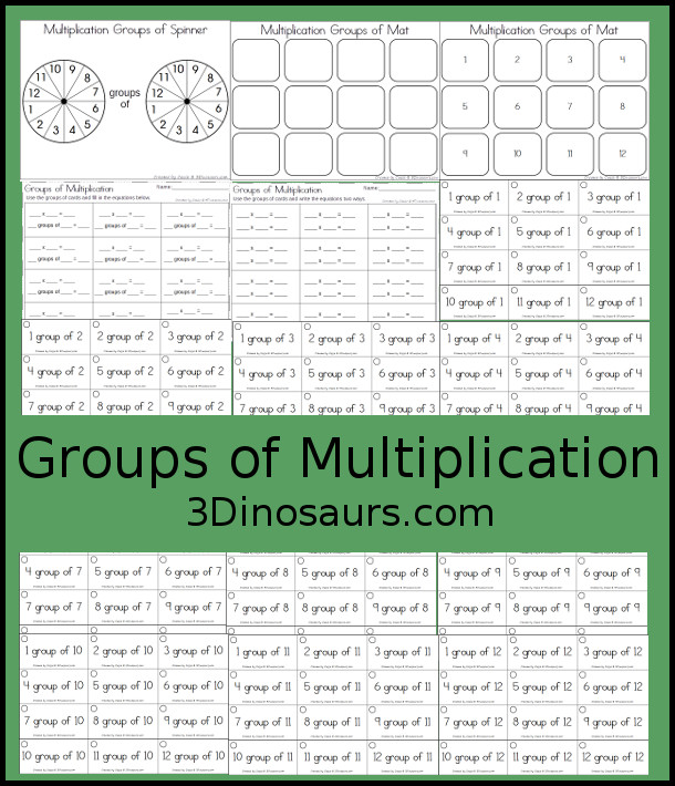 Free Groups of Multiplication - with hands-on math spinner, flashcards and recording sheets for working on multiplication - 3Dinosaurs.com  #3dinosaurs #thirdgrade #fourthgrade #multiplication #handsonmath #freeprintable