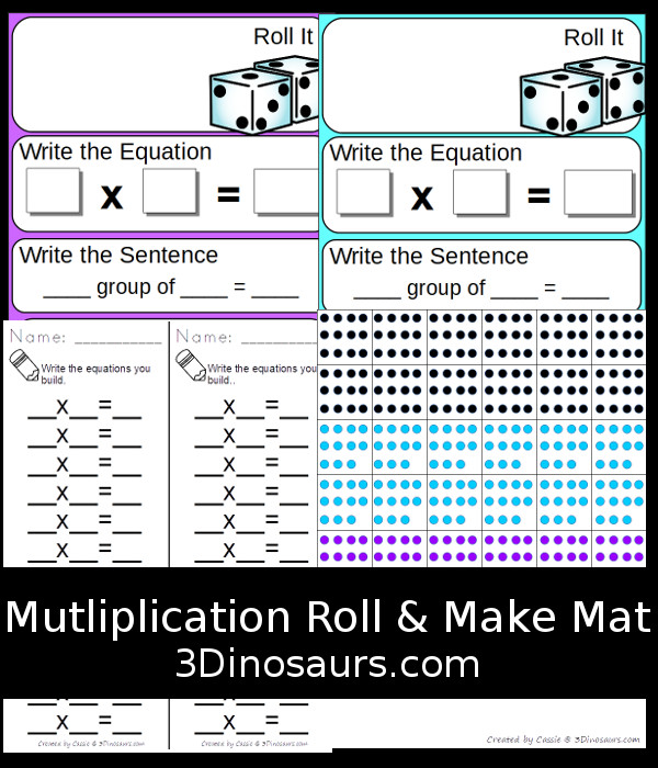 Free Multiplication Roll & Make Mat - 16 pages of printables with record sheets, building mats and counters - 3Dinosaurs.com