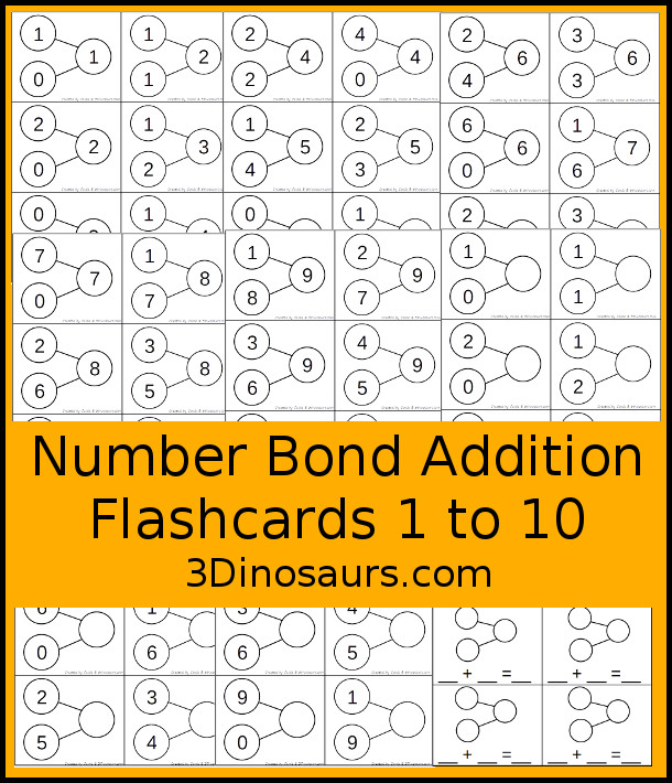 Free Number Bond Addition Flashcard Printables with number bond for addition up to 10 with fill in number bonds and missing number bond numbers - 3Dinosaurs.com