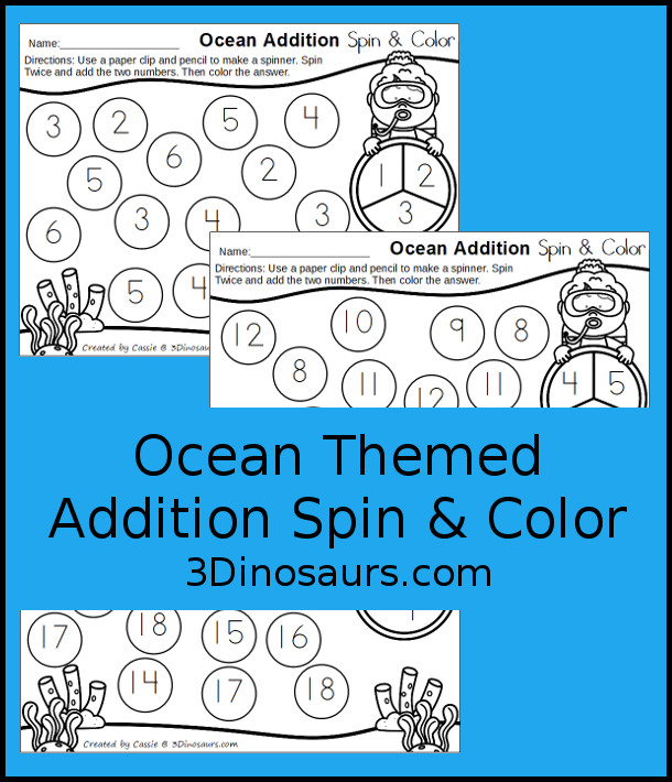 Free Ocean Addition Spin and Color - 3 mats with addtion by three numbers - 3Dinosaurs.com