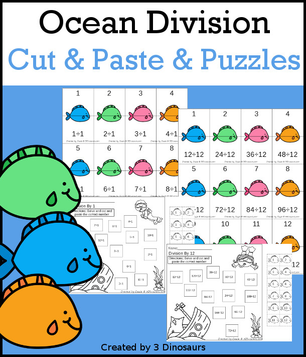 Ocean Divsion Cut & Paste & Puzzles Printable Set  - a set of cut paste worksheets with matching the answer to the equation and 12 puzzles for matching the answer to the equation for divsion 1 to 12.- 3Dinosaurs.com