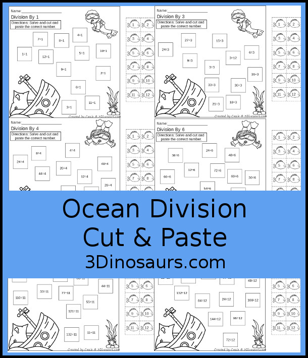 Free Ocean Cut & Paste Division Printable  - with Division for 1 to 12 with cut and paste the answer on the equation and make a fun ocean scene - 3Dinosaurs.com- 3Dinosaurs.com