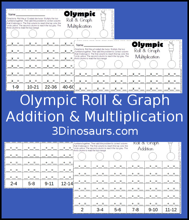 Free Olympic Roll & Graph Math For Addition & Multiplication - two options for each type of math - 3Dinosaurs.com