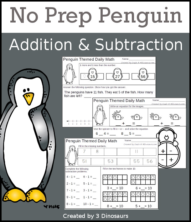 No-Prep Penguin Themed Addition & Subtraction - 30 pages no-prep printables with a mix of addition and subtraction activities plus a math center activity - 3Dinosaurs.com #noprepmath #tpt #addition #penguin #kindergarten #firstgrade #subtraction