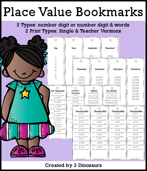 Place Value Bookmarks with number and number digit and word options in a teacher print $ - 3Dinosaurs.com
