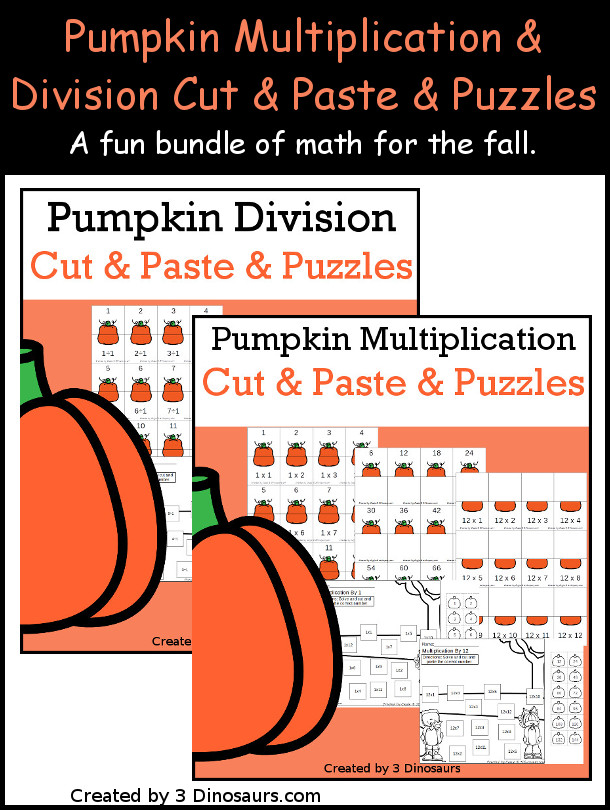 Pumpkin Multiplication & Division Cut & Paste and Matching with cut and paste worksheets for division and multiplication with numbers 1 to 12 and match puzzles and matching mats for division and multiplication - 3Dinosaurs.com