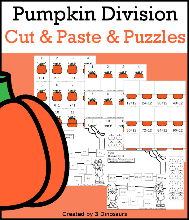 Pumpkin Division Cut & Paste and Matching with cut and paste worksheets for division with numbers 1 to 12 and puzzles and matching mats  - 3Dinosaurs.com