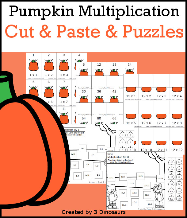 Pumpkin Multiplication Cut & Paste and Matching with cut and paste worksheets for multiplication with numbers 1 to 12 and puzzles and matching mats  - 3Dinosaurs.com