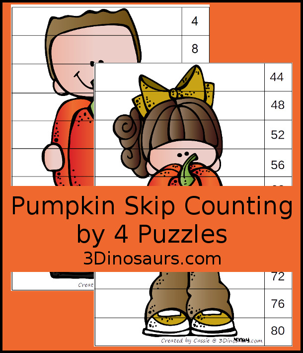Free Pumpkin Skip Counting by 4 Puzzles - two fun free skip counting puzzles that work on skip counting from 4 to 40 and 44 to 80 - 3Dinosaurs.com