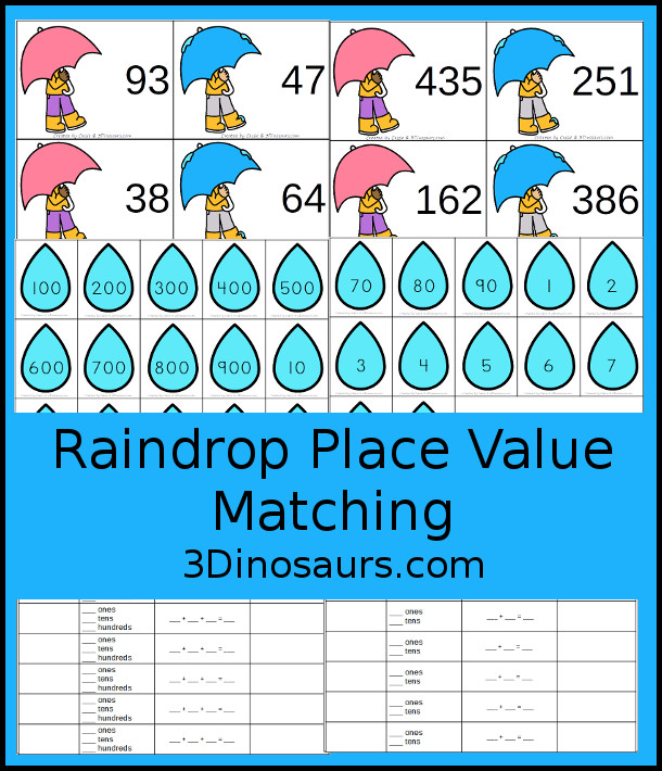 Free Raindrop Place Value Printable with 10s & 1s and 100s, 10s & 1s - with place value expanded form cards, place number cards and recording sheets. - 3Dinosaurs.com