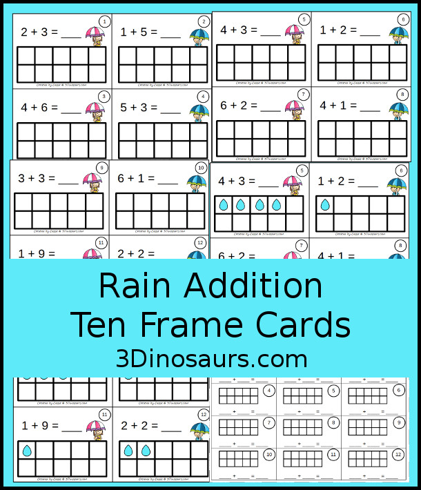 Free Rain Themed Ten Frame Addition Cards - 12 cards with recording sheet with two styles of cards - 3Dinosaurs.com