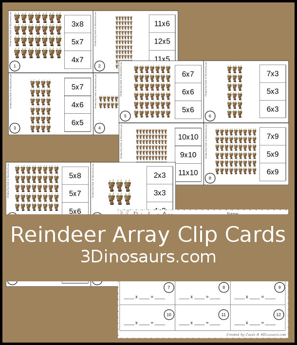 Free Reindeer Themed Array Clip Cards with Matching Worksheet - 12 cards with 1 matching worksheet to use with them - 3Dinosaurs.com #arrays #mathforkids #thirdgrade #arrays #freeprintable #christmas
