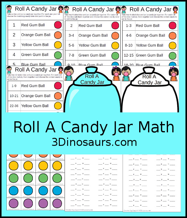Free Roll a Candy Jar Math - counting, addition, multiplcation with a candy themed that is great Halloween, Valentines or any time of the year -  3Dinosaurs.com