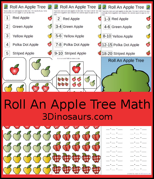 Free Roll an Apple Tree Printable - 3 Levels of learning: counting, addition, and multiplication - 3Dinosaurs.com