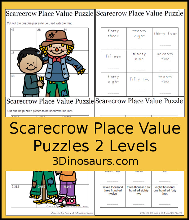 Free Scarecrow Place Value Puzzles - has 2 puzzles in the set one for tens and ones and the second for thousand, hundred, tens and ones with recording sheets and puzzle mat. - 3Dinosaurs.com