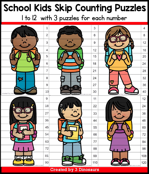 School Kids Skip Counting Puzzle - with 3 skip counting puzzles for each number. - 3Dinosaurs.com