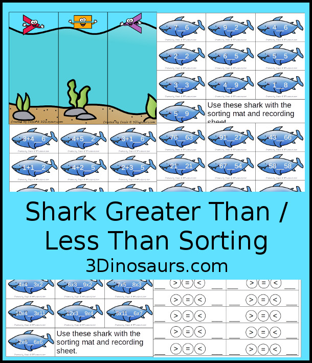 Free Shark Themed Greater Than - Less Than Sorting - 4 card sets to sort with numbers, addition and multiplication with sorting mat and recording sheet  - 3Dinosaurs.com