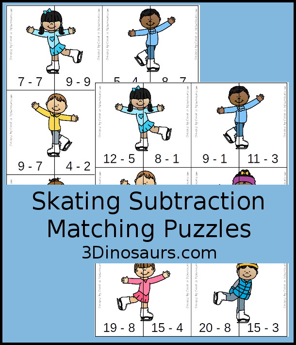 Free Skating Subtraction Matching Printable - fun two piece puzzles that work on doing the subtraction and matching the correct side of the skater to make the answer the same. 3Dinosaurs.com