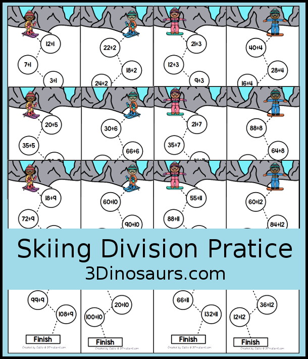 Free Skiing Division Practice Printable - 12 division strips with division from 1 to 12. You have 7 equations on each strip, a fun division practice idea for kids in third grade and fourth grade. - 3Dinosaurs.com