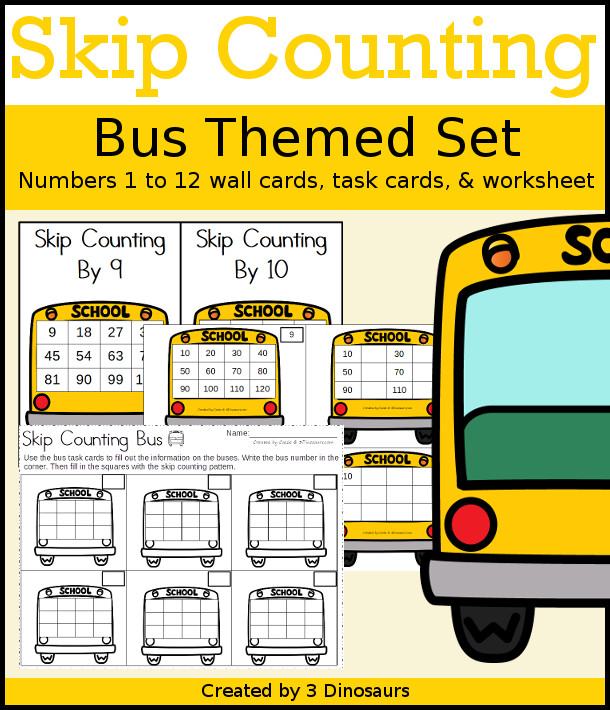 Bus Themed Skip Counting Set - a fun but themed skip counting set that works on number 1 to 12 with wall cards and matching task cards and worksheets - 3Dinosaurs.com #noprepmath #tpt #addition #skipcounting