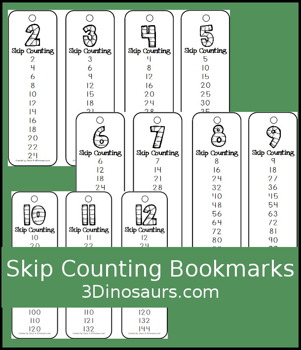 Free Skip Counting Bookmarks- skip counting by 2 through 12 - 3Dinosaurs.com