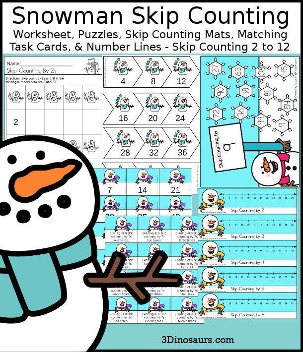 Snowman Skip Counting Set - with worksheets, puzzles, skip counting mats, skip counting task cards, and skip counting number line bookmarks for 2 to 12  - 3Dinosaurs.com
