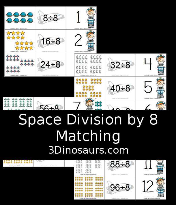 Free Space Theme Division by 8 Matching - a fun three way matching cards to work on division with recording sheet - 3Dinosaurs.com