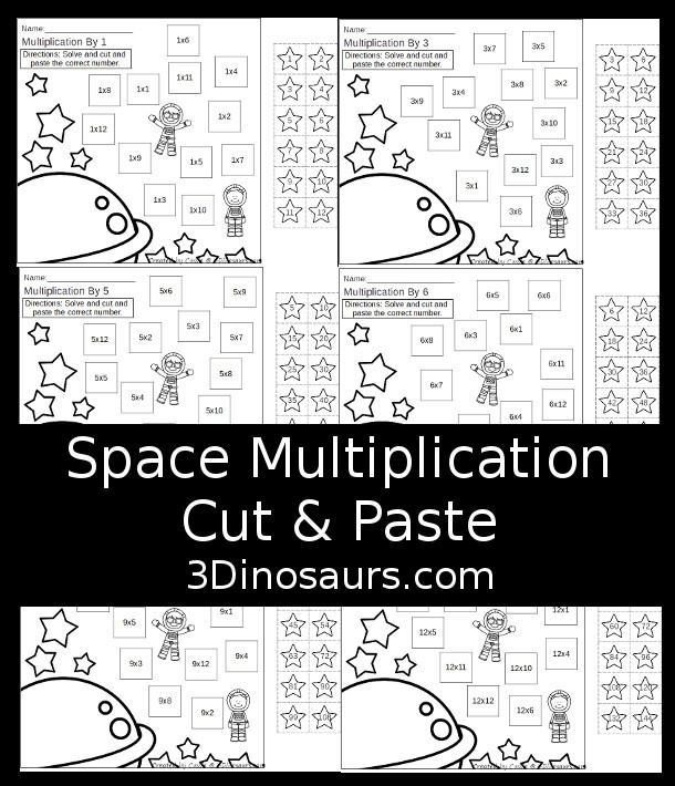 Free Space Multiplication Cut & Paste - they work on multiplication from 1 to 12 with 12 cut and paste on each page in black and white with space and stars- 3Dinosaurs.com #3dinosaurs #nopreprintable #freeprintable #multiplication #thirdgrade #fourthgrade
