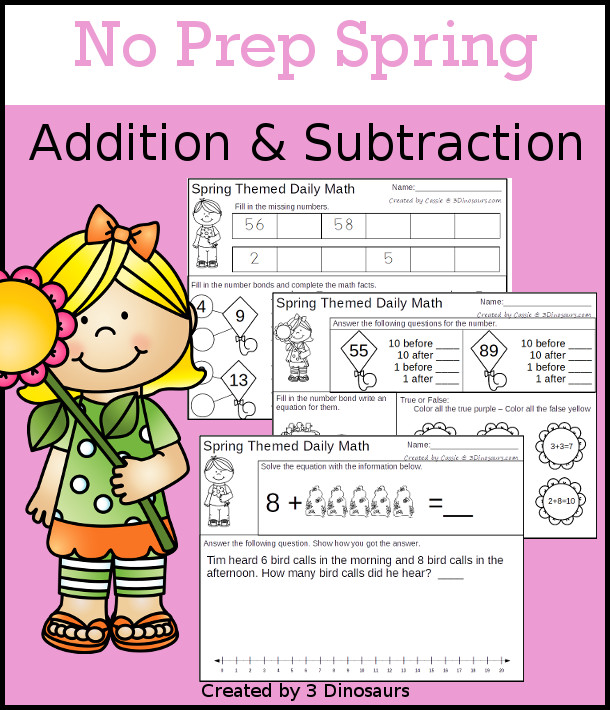 No Prep Spring Themed Addition & Subtraction - 30 pages no-prep printables with a mix of addition and subtraction activities plus a math center activity - 3Dinosaurs.com #noprepmath #tpt #addition #spring #subtraction