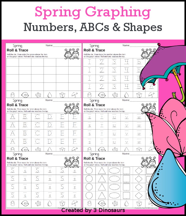 Spring Roll & Graph With Trace Letters, Numbers & Shapes with a folding die and cube die with a graphing sheet, graphing with tracing numbers, graphing with tracing letters and graphing with tracing shapes. All with a fun spring theme for prek and kindergarten - 3Dinosaurs.com