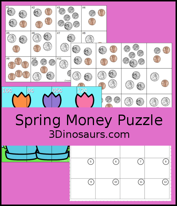 Free Spring Themed Money Puzzle - a 12 piece puzzle with counting coins and matching the correct puzzle pieces with puzzle mat, and recording sheet - 3Dinosaurs.com